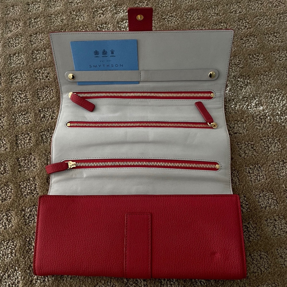 Red Smythson Luxury Leather Jewelry Roll